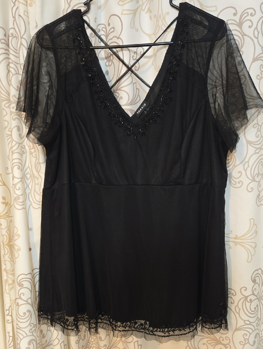 Torrid Black Beaded V-Neck Mesh Sleeve Top